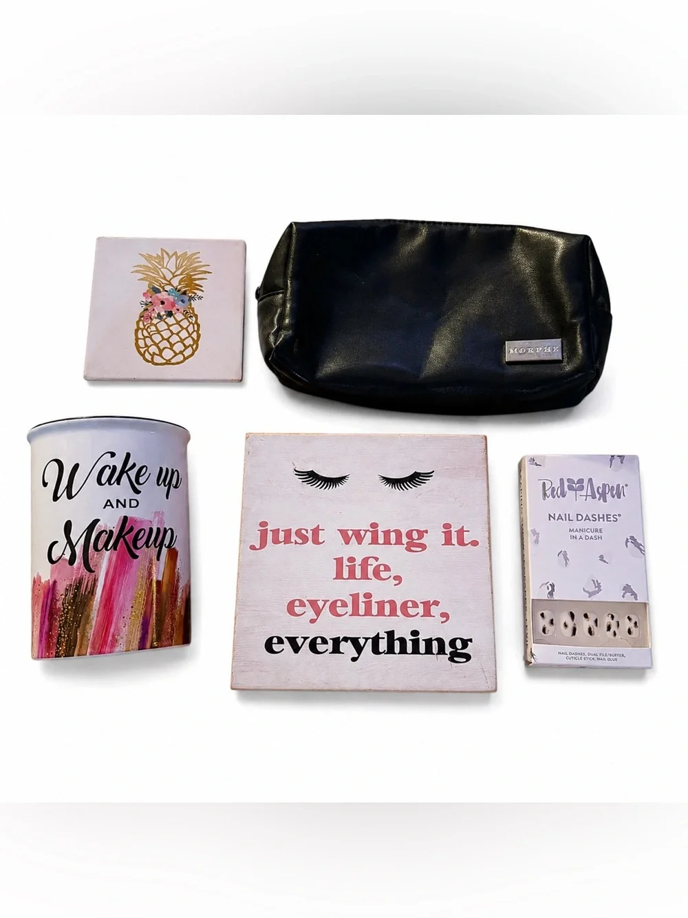 Beauty Bundle Morphe Makeup Bag Red Aspen Nail Dashes Decor Makeup Cup Gift Lot